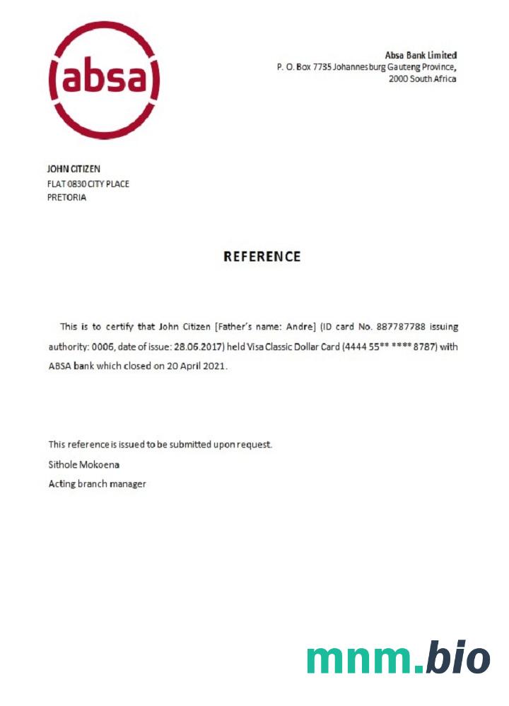 Przykład zamknięcia banku Absa w RPA w formatach Word i PDF